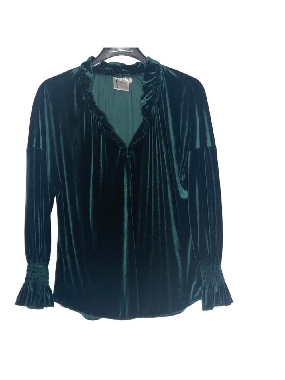 Finley Velvet Ruffle Cinched Sleeve Top Sz XS Jewel Tone Emerald Elegant Party